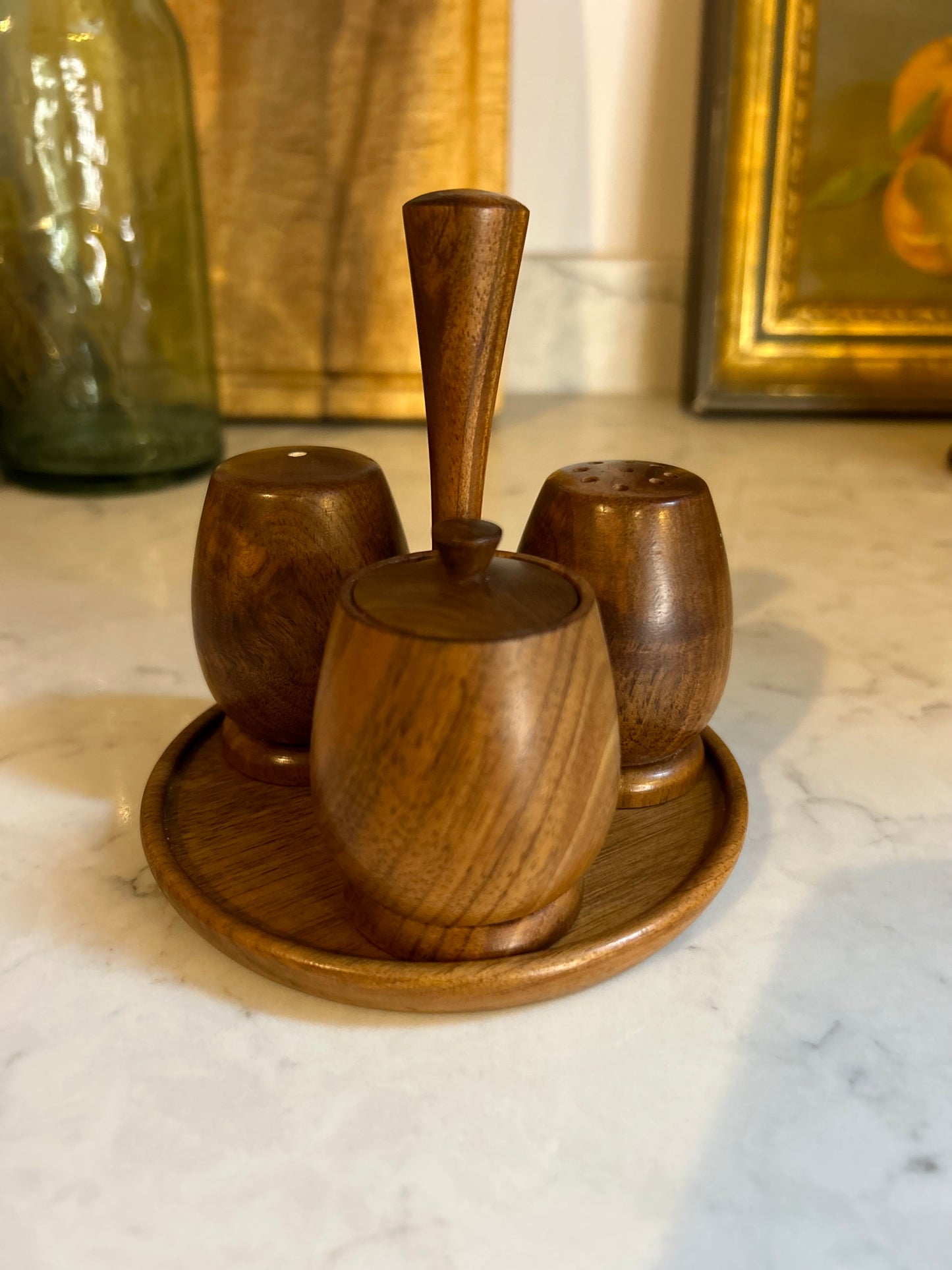Vintage 3 Piece Teak Condiment Set Lined
