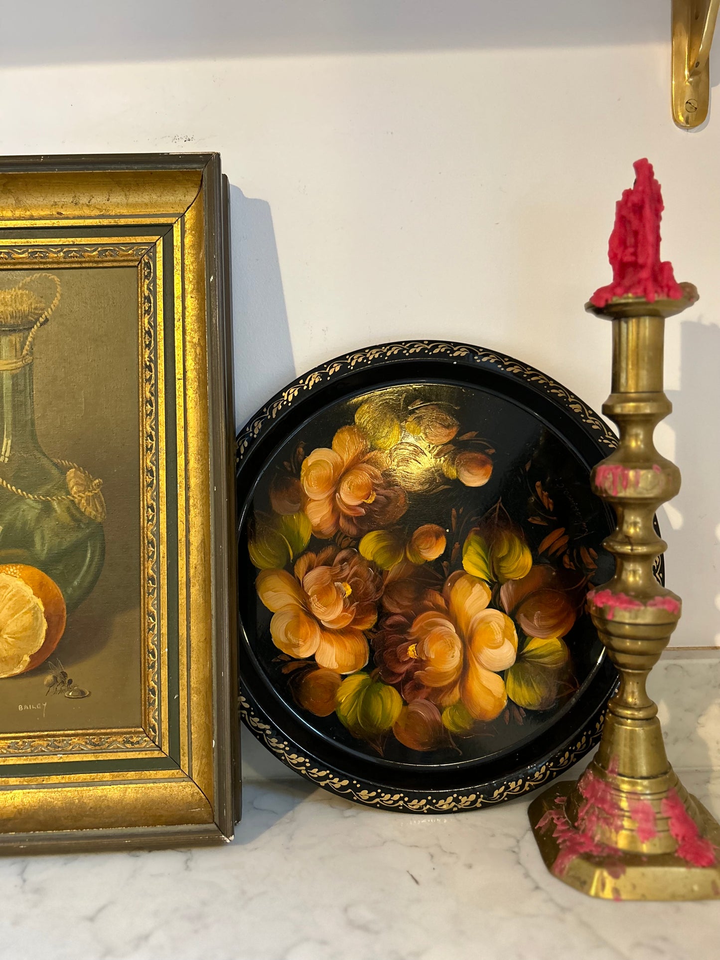 Vintage Signed Hand Painted Round Floral Tole Tray