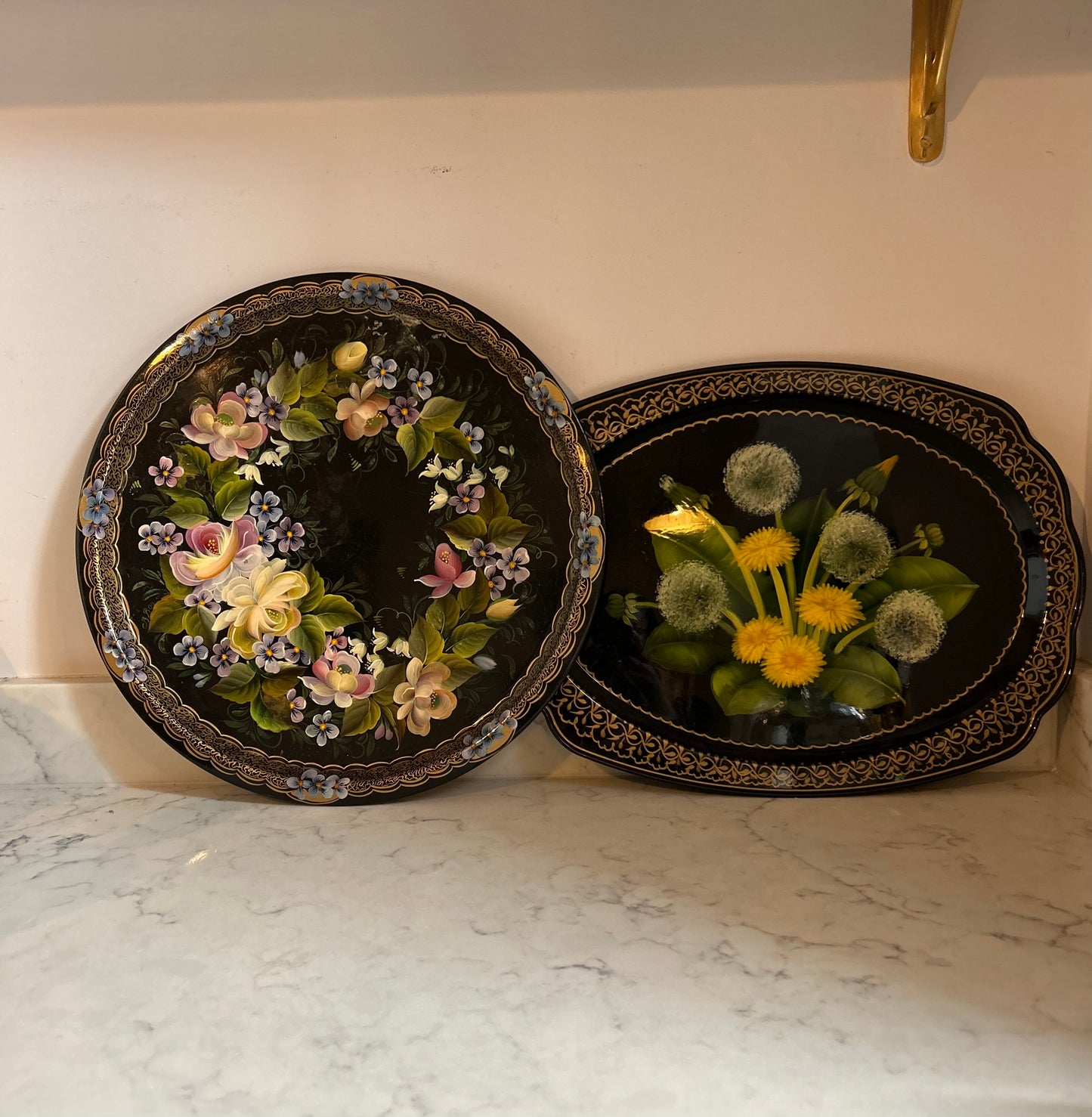 Vintage Round Hand Painted Tole Tray Intricate Floral Design