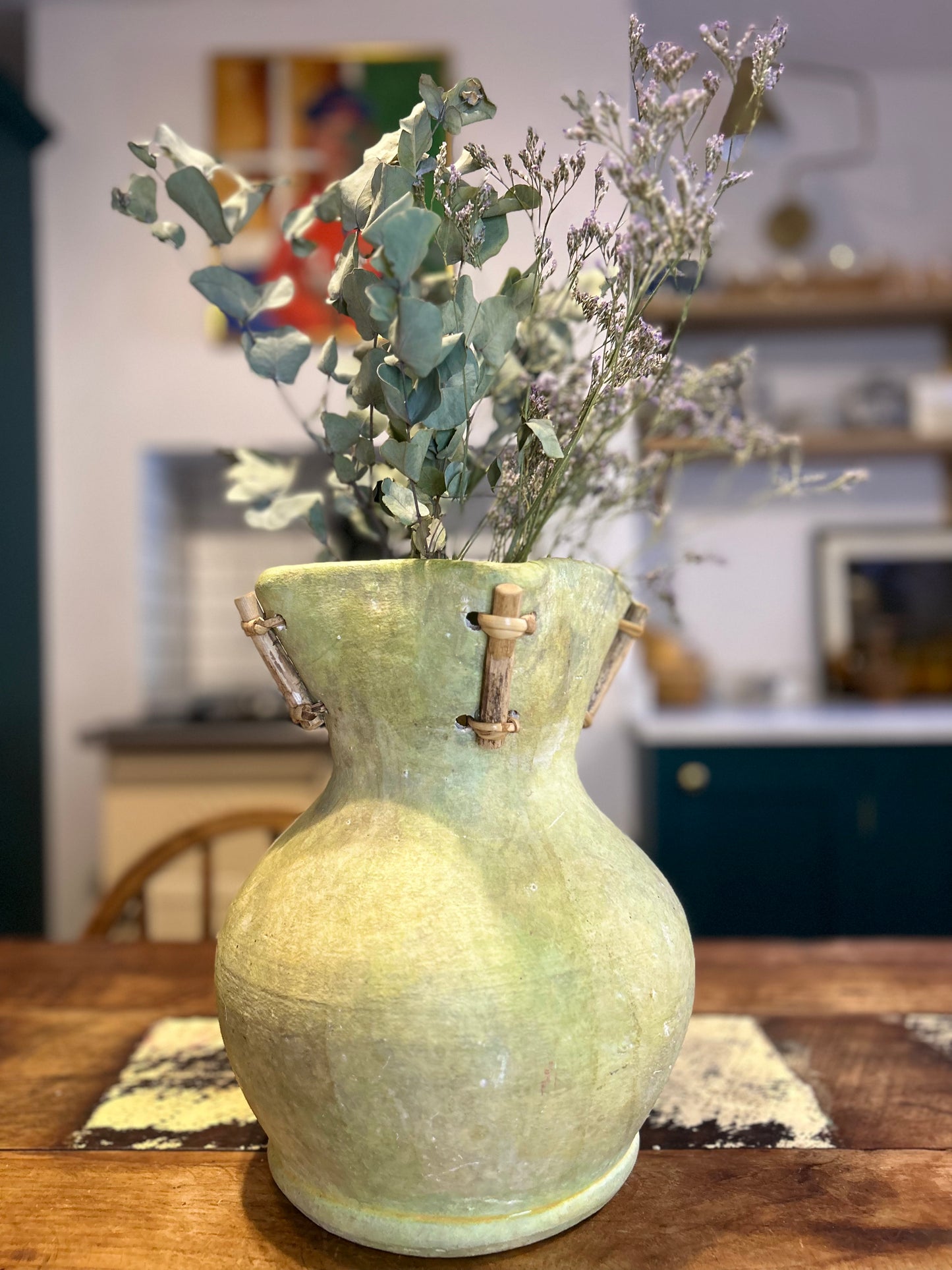 Rustic Green Clay Vase with 4 Wooden Ties