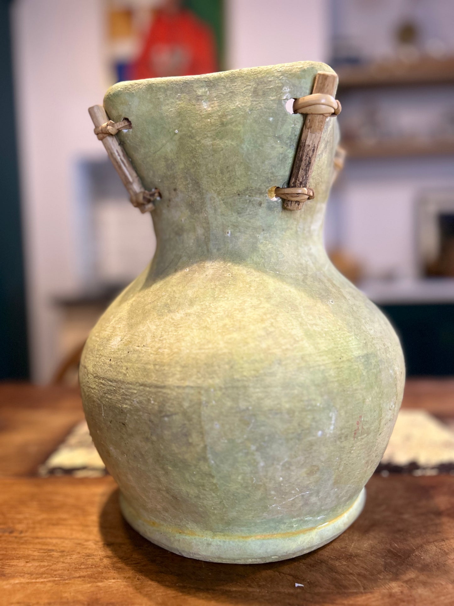Rustic Green Clay Vase with 4 Wooden Ties