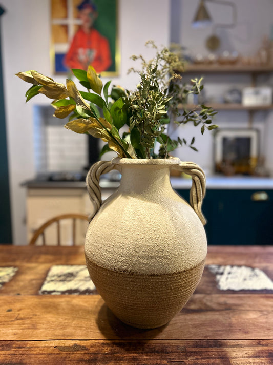 Large Brown and Beige Vase with Twist Arms