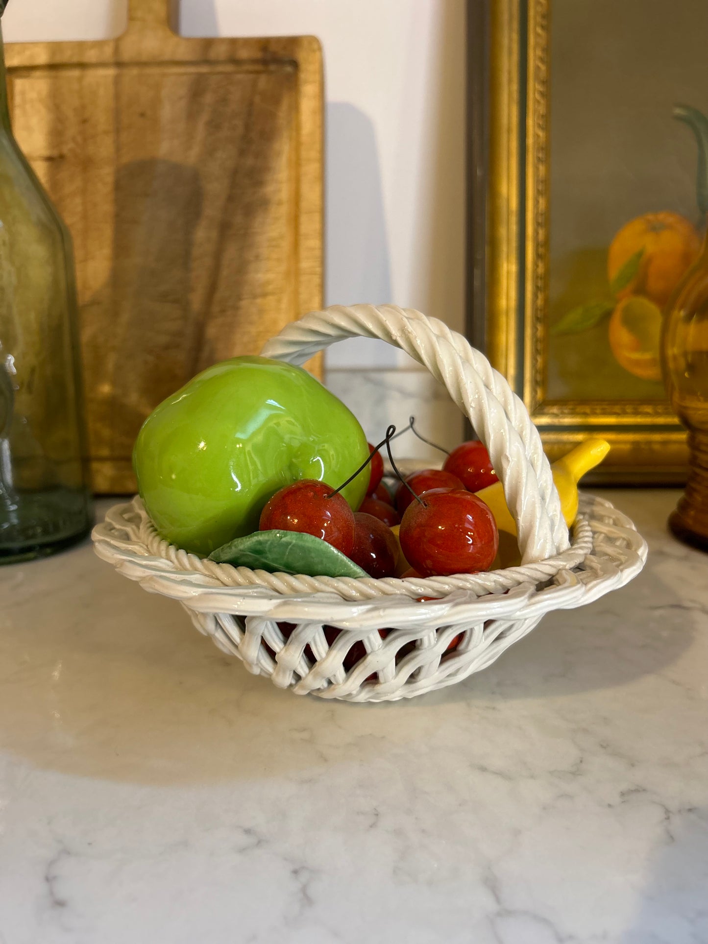 Vintage Italian Majolica Ceramic Fruit Basket with handle
