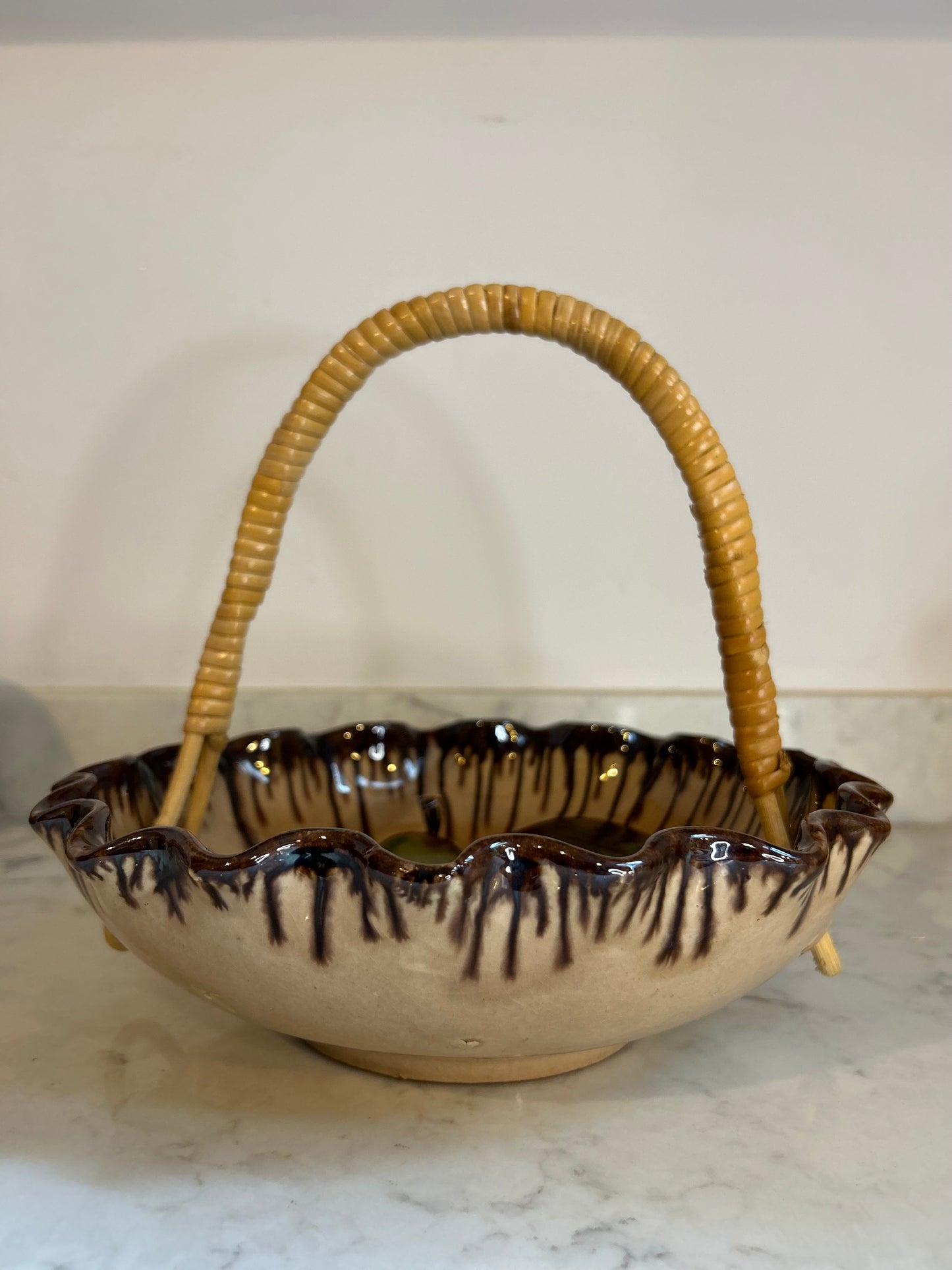 Vintage Fruit Bowl with Cane Handle and Scalloped Edge