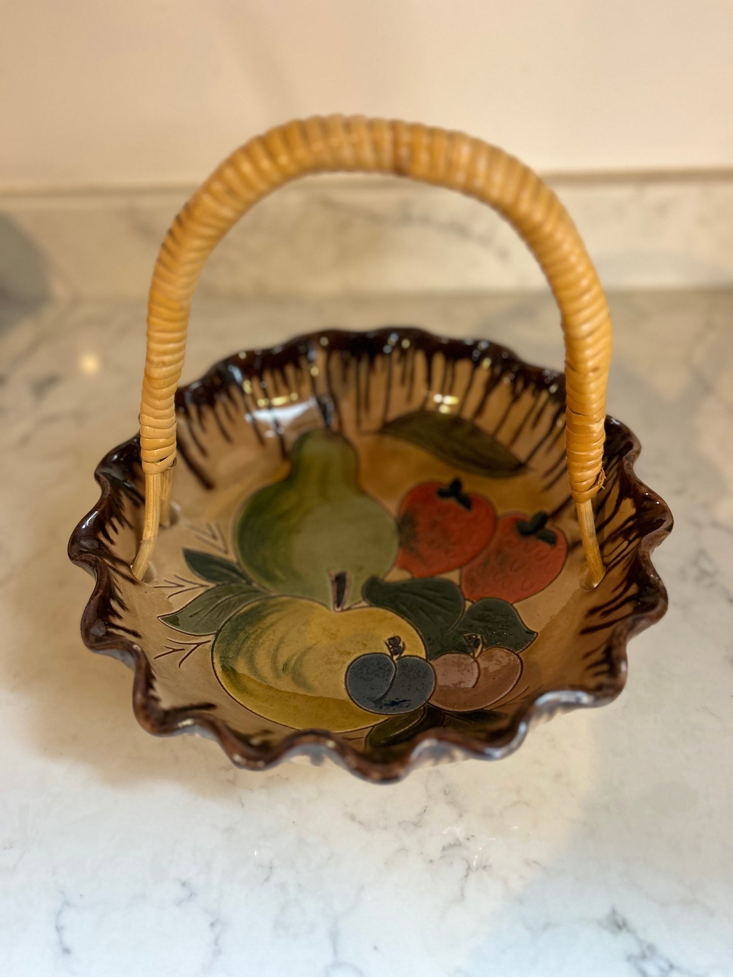 Vintage Fruit Bowl with Cane Handle and Scalloped Edge