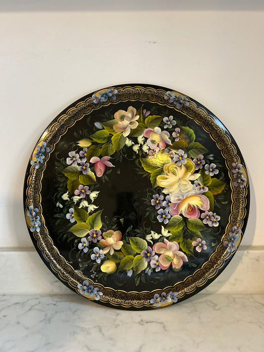 Vintage Round Hand Painted Tole Tray Intricate Floral Design