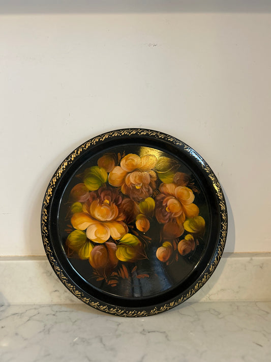 Vintage Signed Hand Painted Round Floral Tole Tray